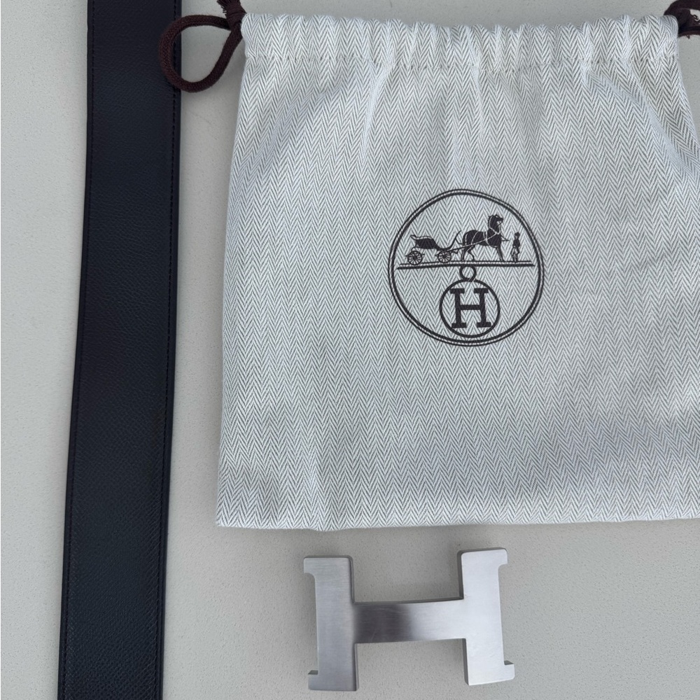 Hermes Black and Dark Brown Leather Belt with Silver H Buckle